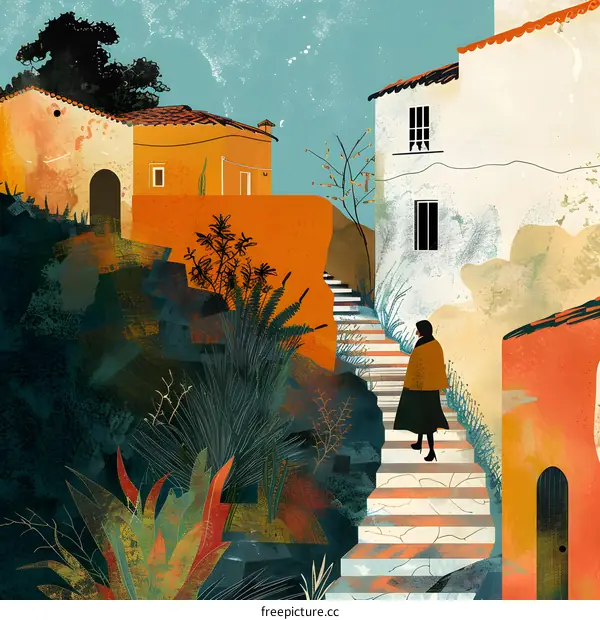 Woman Walking Up Steps in a Small Village