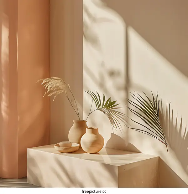 Minimalist Interior Design with Vases and Palm Leaves