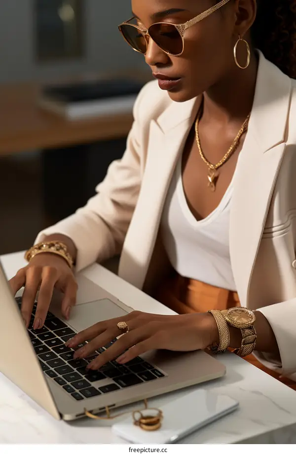 Black businesswoman working on laptop in office