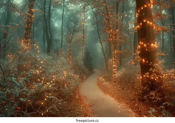 Pathway through an Autumn Forest with Trees Decorated with Lights