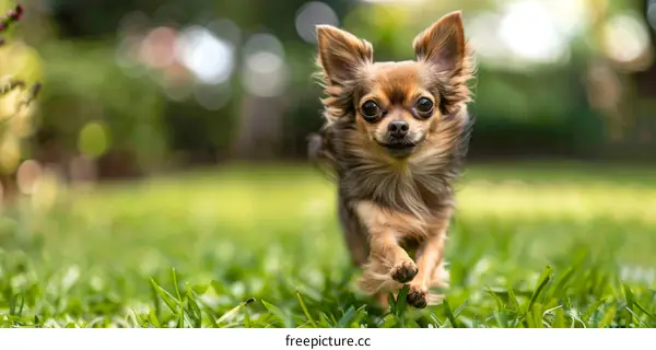 Playful Brown Chihuahua Running in a Grassy Field