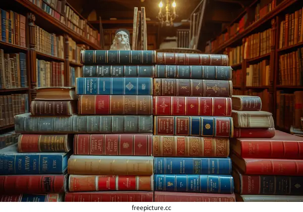 An Old Library with a Bust of William Shakespeare on Top of Leather Bound Books