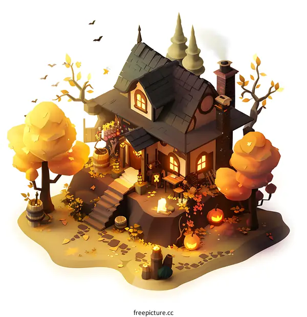 Low Poly Halloween House with Autumn Leaves