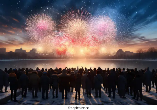 People watching fireworks over a frozen lake at night