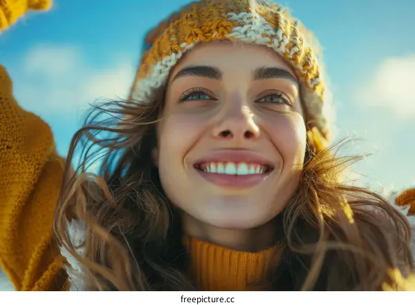 Happy Woman in a Yellow Knit Hat and Sweater Smiling with the Sun Shining on Her Face