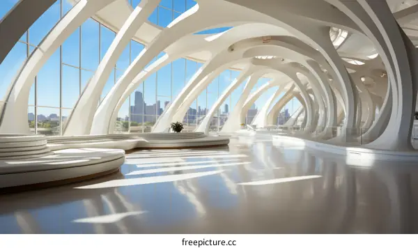 Futuristic Cityscapes with Towering Glass Structures and Curved Architecture