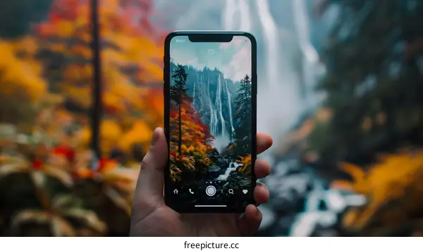 Hand Holding Phone With Waterfall Picture