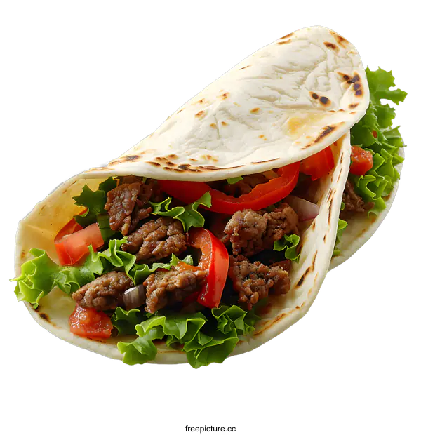 [Transparent Background PNG]A folded taco with ground beef, lettuce, tomato and onion