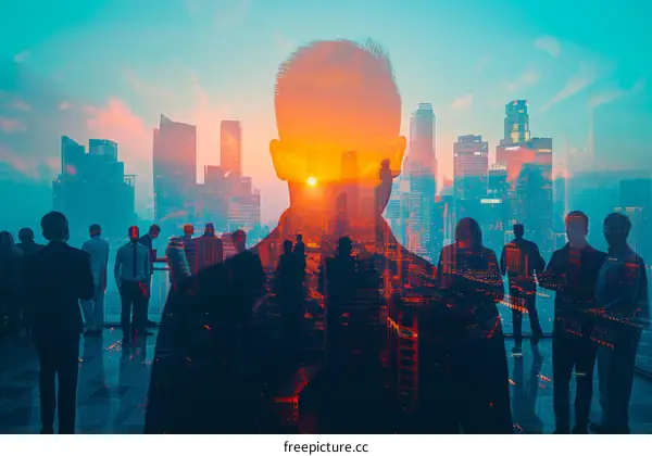 Business professionals looking at the cityscape during sunset