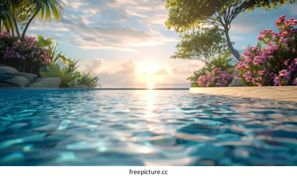 Tropical swimming pool with pink flowers and palm trees at sunset