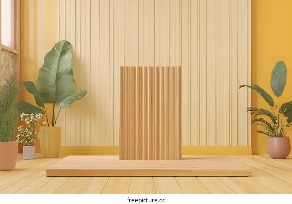 Minimalist Wood Platform With Plants 3D Rendering