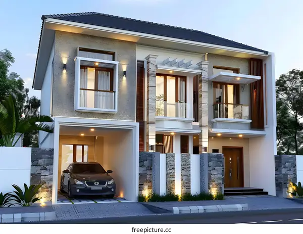 Modern House with Stone Wall and Garage