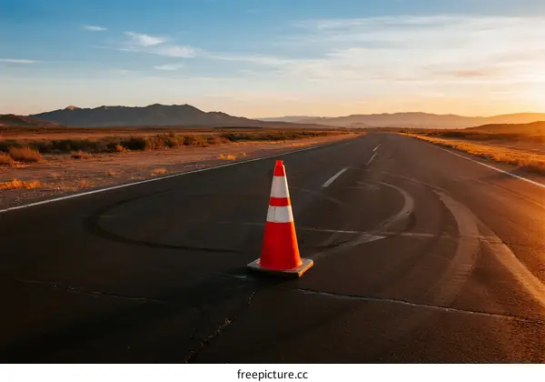 Orange traffic cone on an empty desert road at sunset