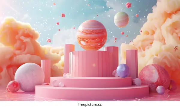 Pink podium with pastel planets and clouds
