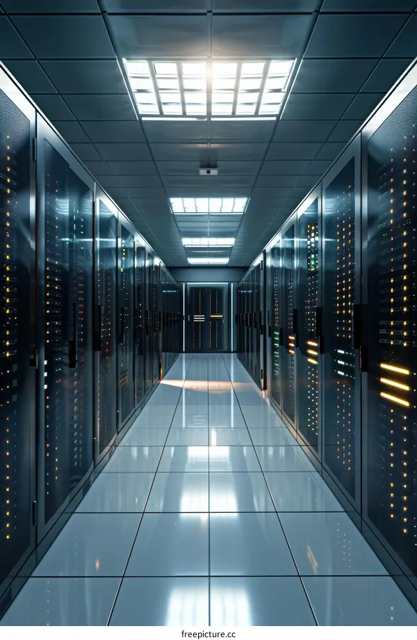 Futuristic data center with rows of server racks