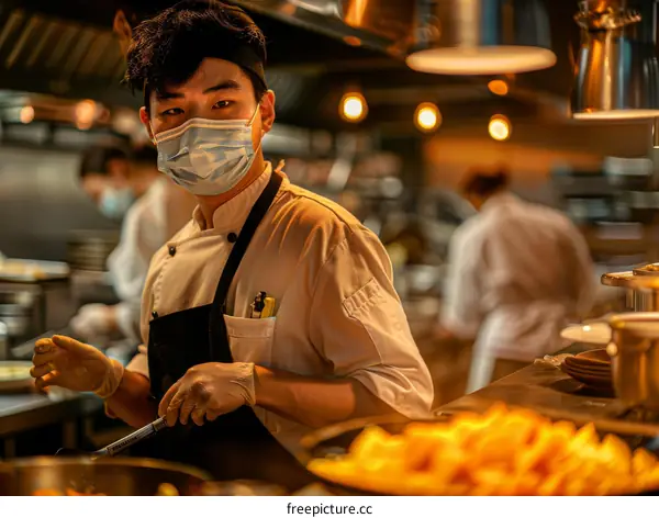 Asian chef wearing a mask cooking in a restaurant kitchen