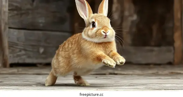 Adorable Bunny Jumping on Wooden Floor