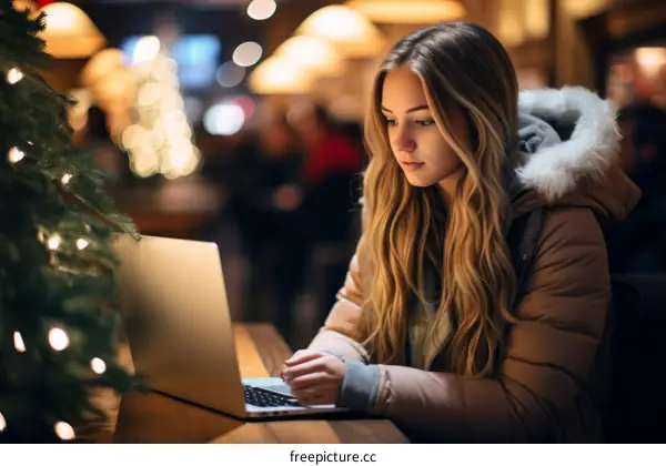 Young woman using laptop in a cafe