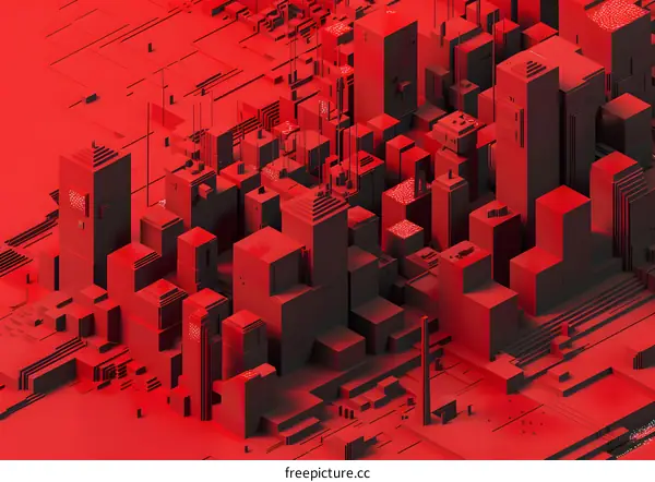 Red 3D Cityscape with Geometric Buildings