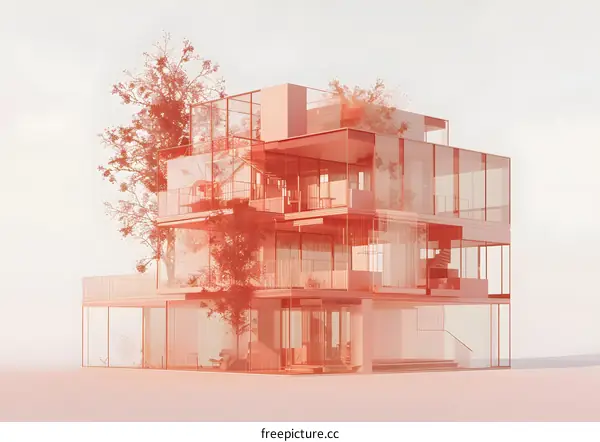 Modern Glass Building Design With Red Outline
