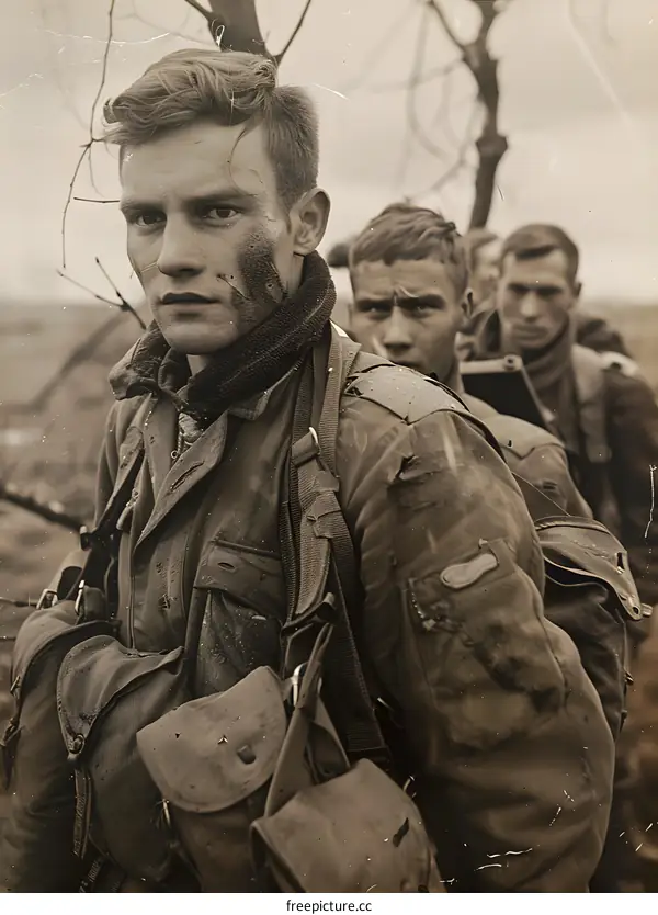 Three American soldiers in the hedgerows of Normandy, June 1944.