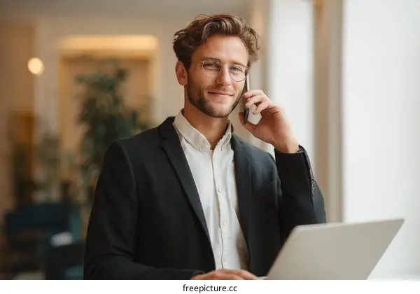 Businessman talking on phone and working on laptop in a modern office