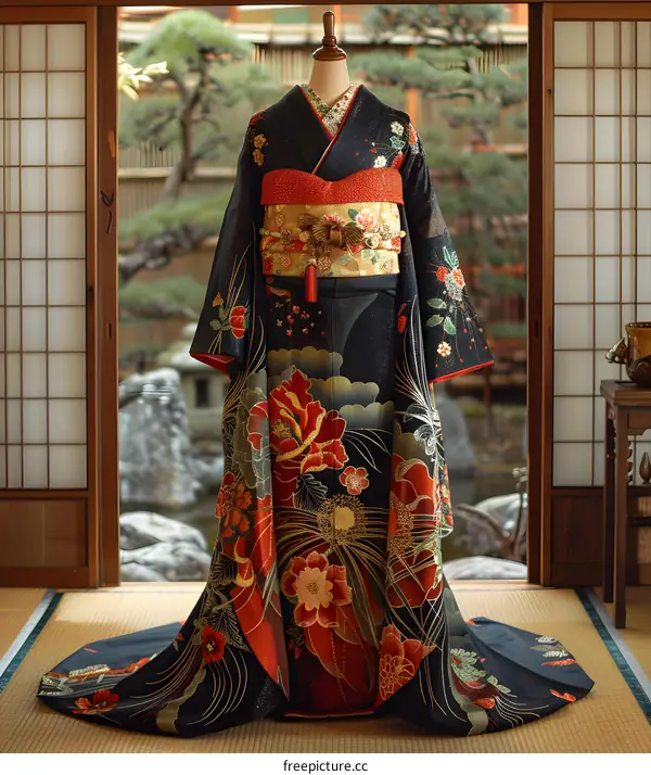 Japanese bride wearing a black and red traditional kimono
