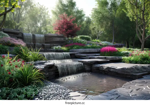Waterfall Garden Oasis: Tranquil Beauty with Lush Plants and Flowers