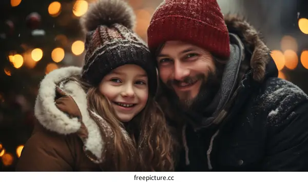 Father and daughter in winter clothes with snow on their hats and coats