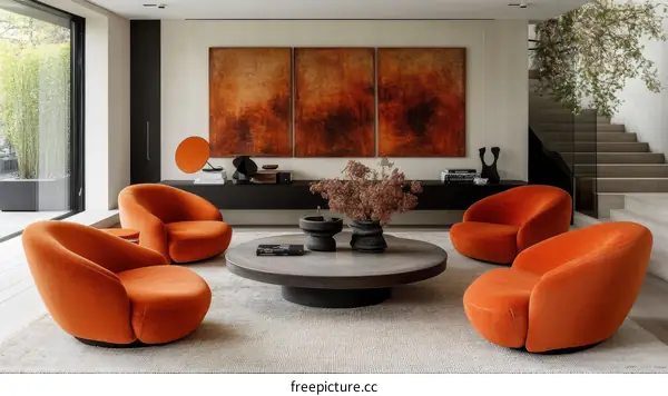 Modern Orange Living Room Design with Abstract Art