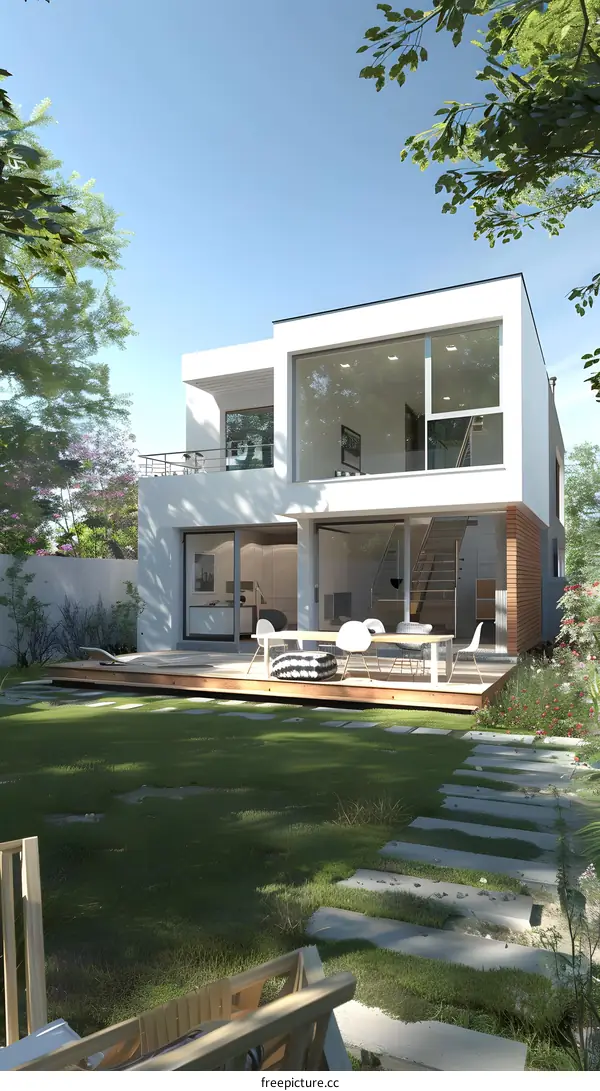 Modern House with a Large Deck and Green Grass