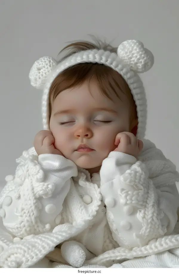 An adorable baby girl sleeping peacefully in a cozy white outfit