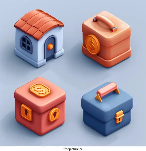 3D isometric illustration of a house, two safes and a toolbox