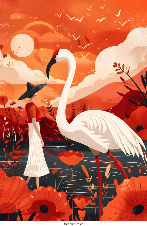 Woman in a Hat and a Flamingo Standing in a Field of Red Flowers