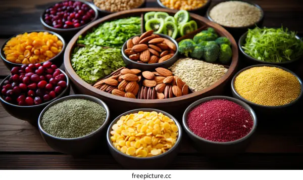 Assortment of Nuts, Seeds, and Grains in Wooden Bowl