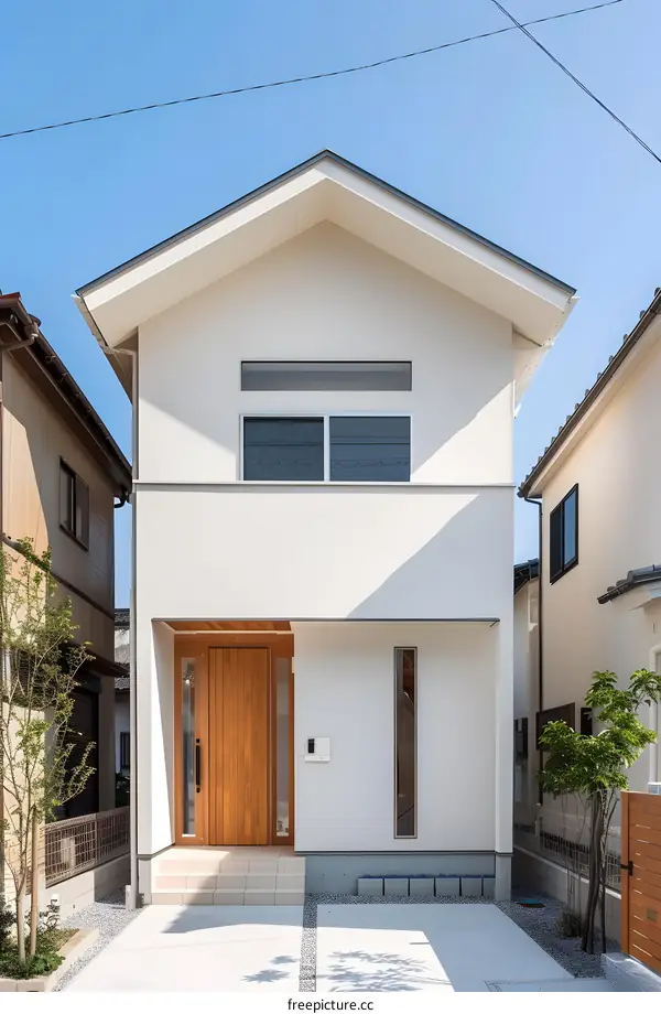 Modern Minimalist White House with Wooden Door and Windows