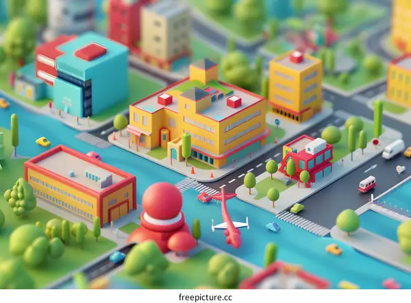 Low Poly Cityscape With Buildings, Trees, Cars, And An Airplane