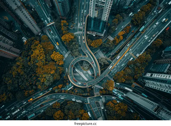 Aerial View of Urban Road Network with Roundabout