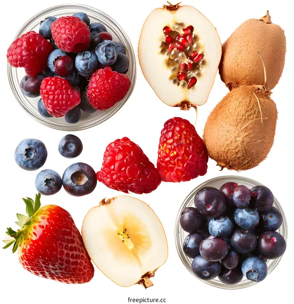 Fresh Fruits and Berries Isolated on White Background