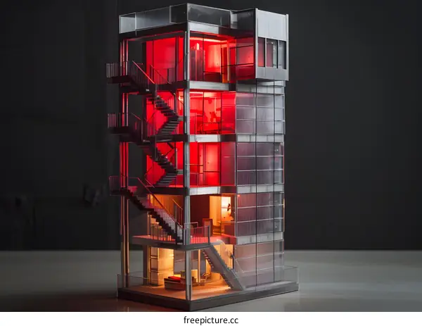 Modern Architecture Building Model with Red Lights