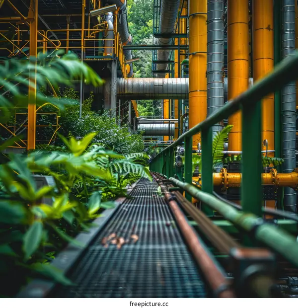 A pathway in an industrial area overgrown with greenery