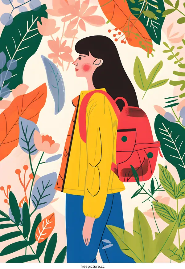 Girl with Backpack Walking Through Flowers