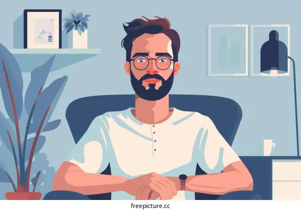 A Bearded Man Wearing Glasses Sits in a Chair