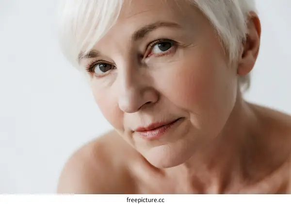 Close-up of a mature woman with short white hair