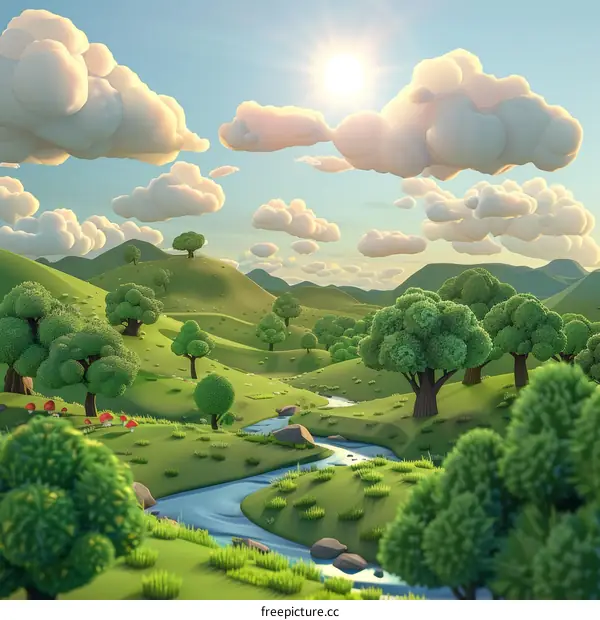 Cartoon Style Green Hills with River Flowing through Forest and Blue Skies