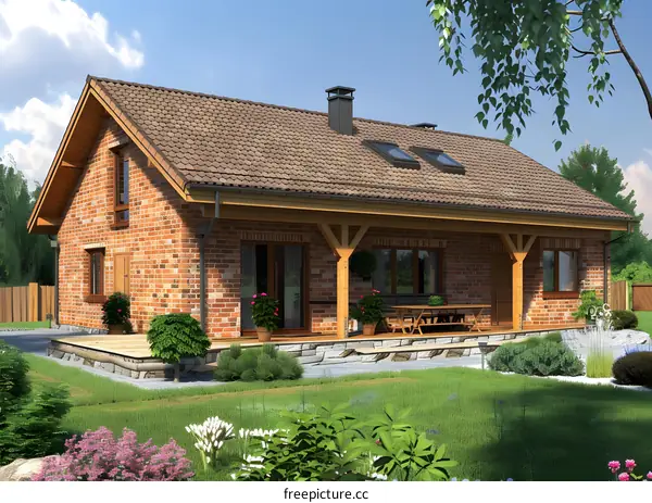 Modern Brick House with Wooden Beams and Large Patio