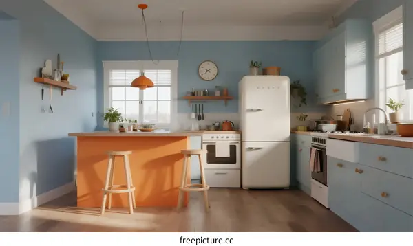 Bright Blue and Orange Kitchen with Island and Vintage Refrigerator