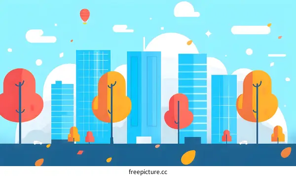 Flat Design Cityscape Illustration With Blue Buildings And Trees