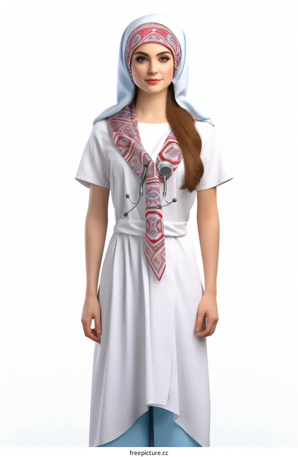 A female doctor in a white coat and colorful scarf is standing with a stethoscope around her neck