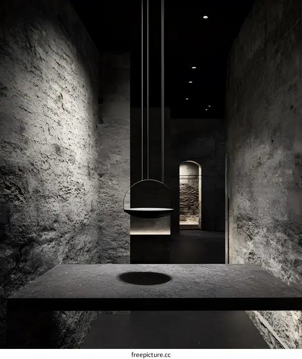 Minimalist Interior Design with Hanging Light in Dark Stone Room